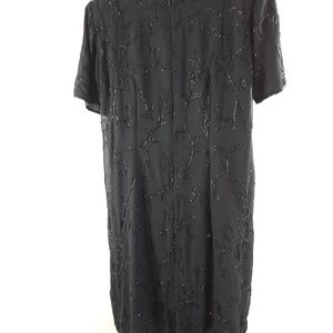 Vintage Formal Black Short Sleeve Midi Evening Beaded Dress
